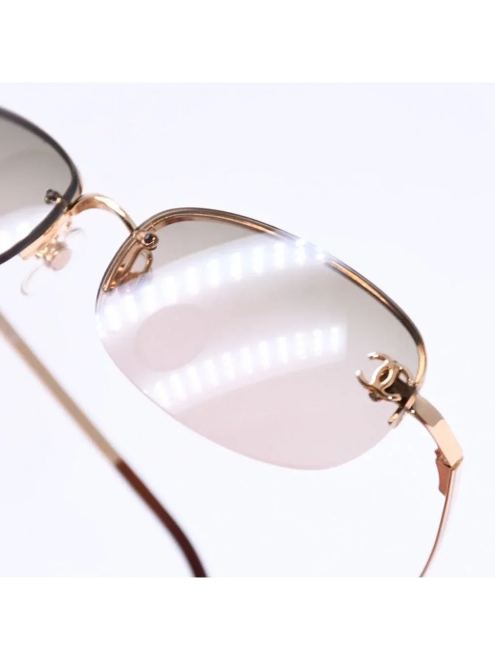Chanel Rimless Sunglasses Side CC Logo Metal Brown Gold Eyewear